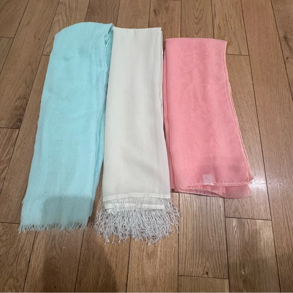 3 Elegant Shear Scarves- Lightweight Scarf Trio in Mint, Cream & Pink